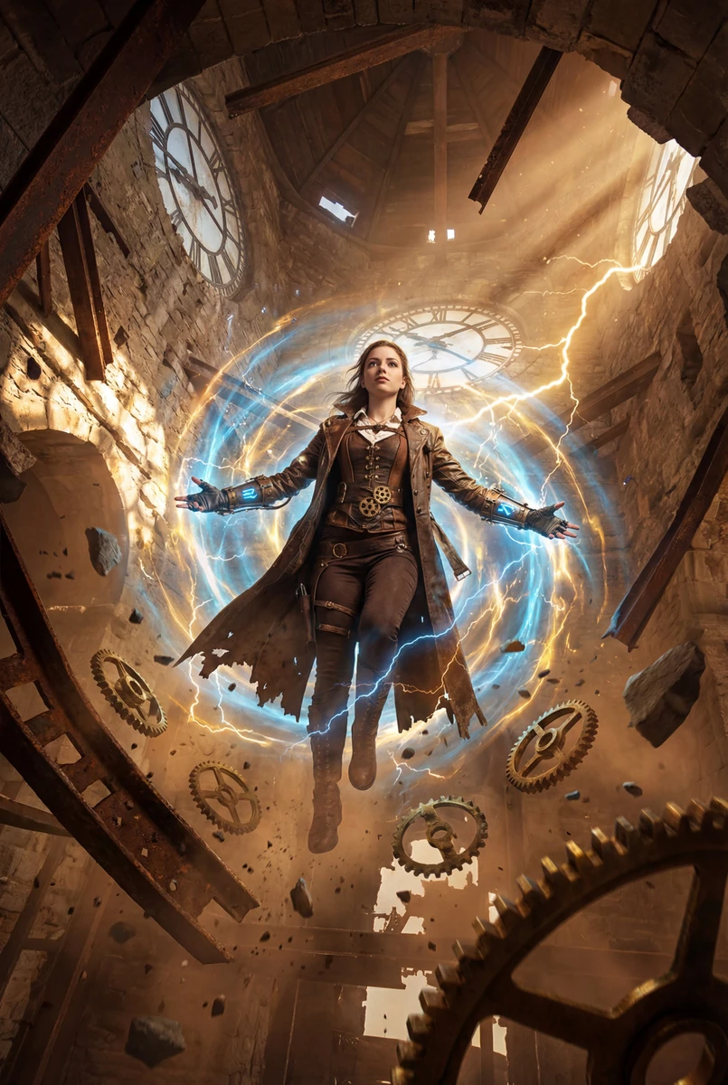 A dynamic low-angle scene of a young female steampunk mage levitating mid...