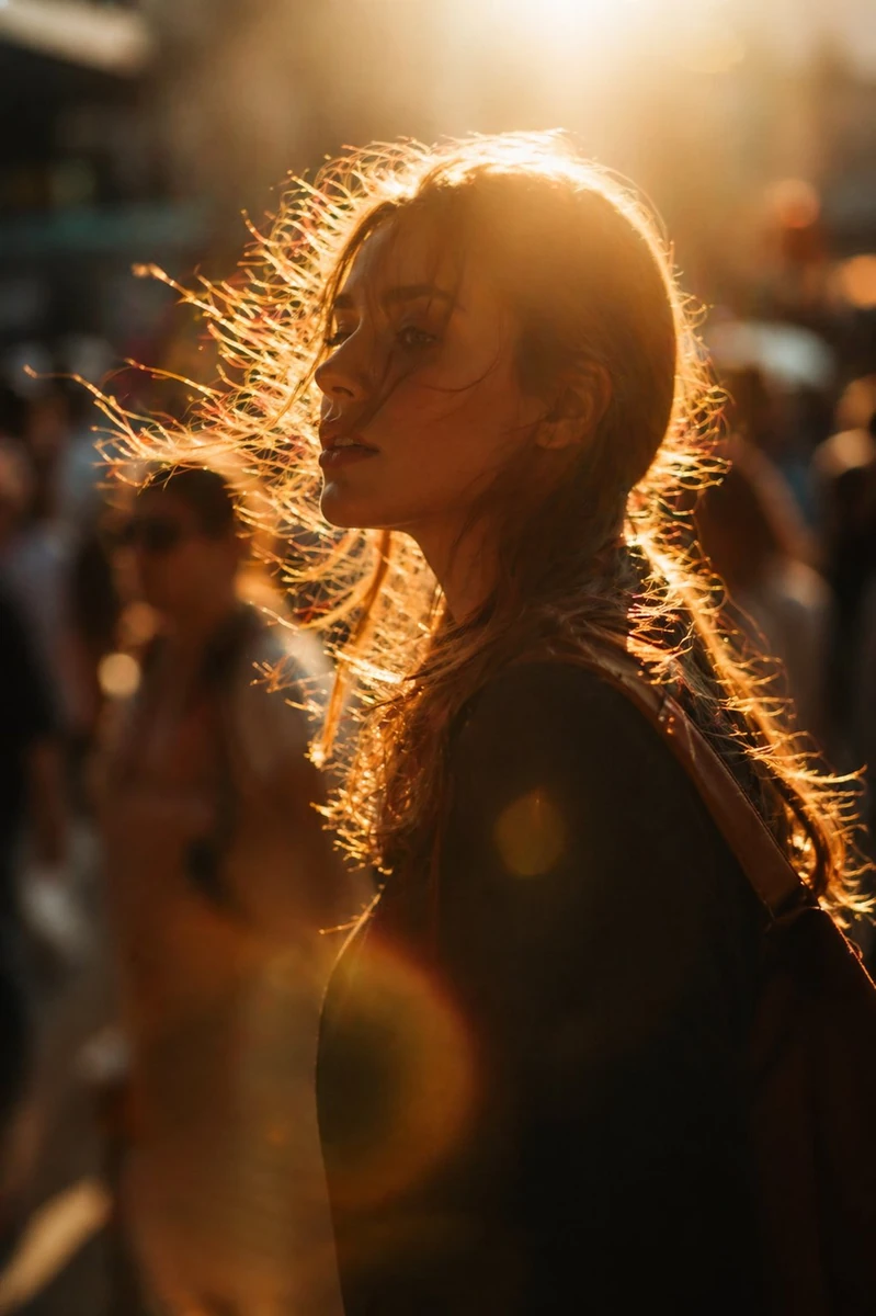 - Cinematic golden hour street portrait of a young woman in side profile,...