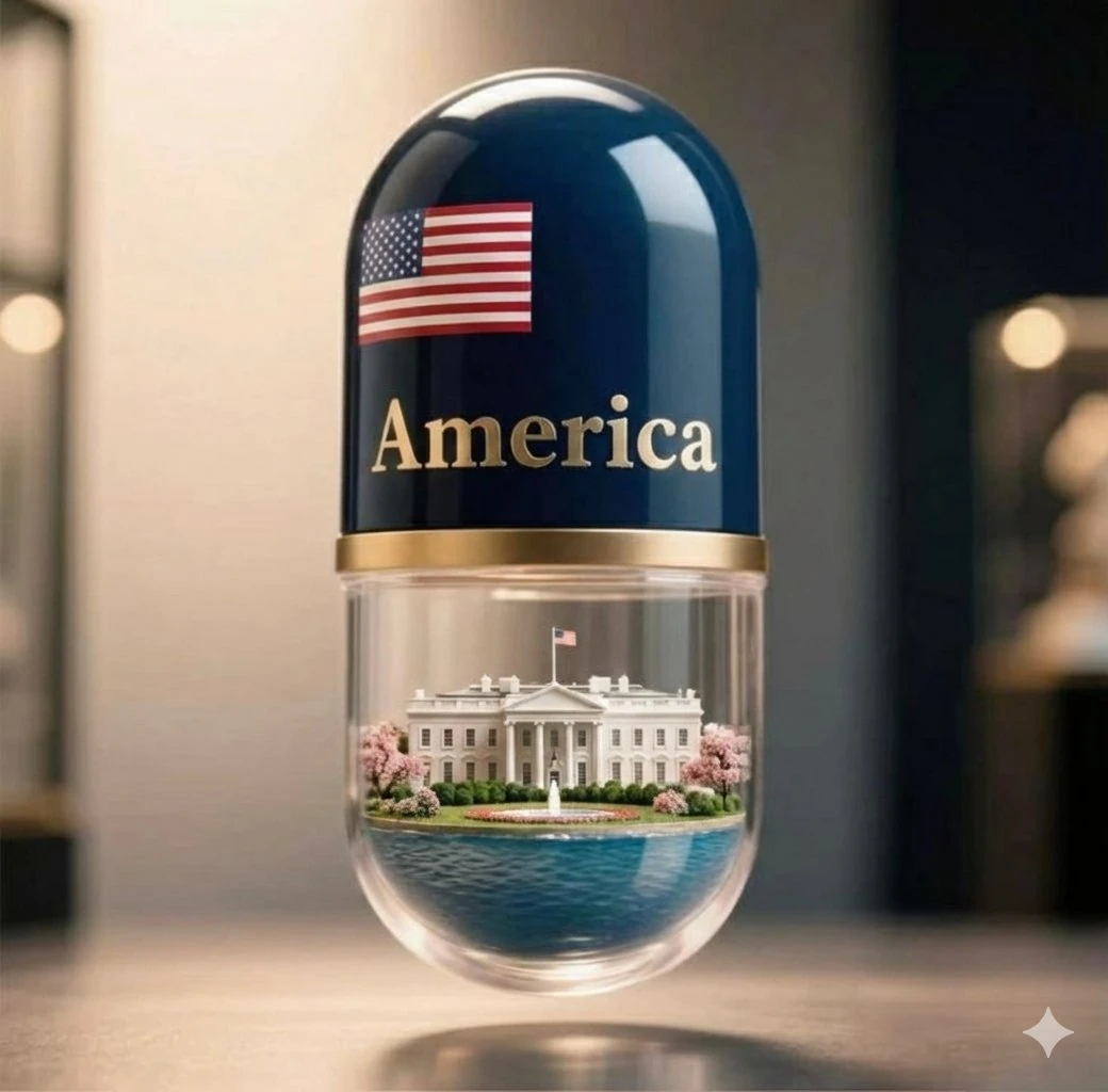 A high-quality, 3D digital render of a giant pharmaceutical capsule stand...