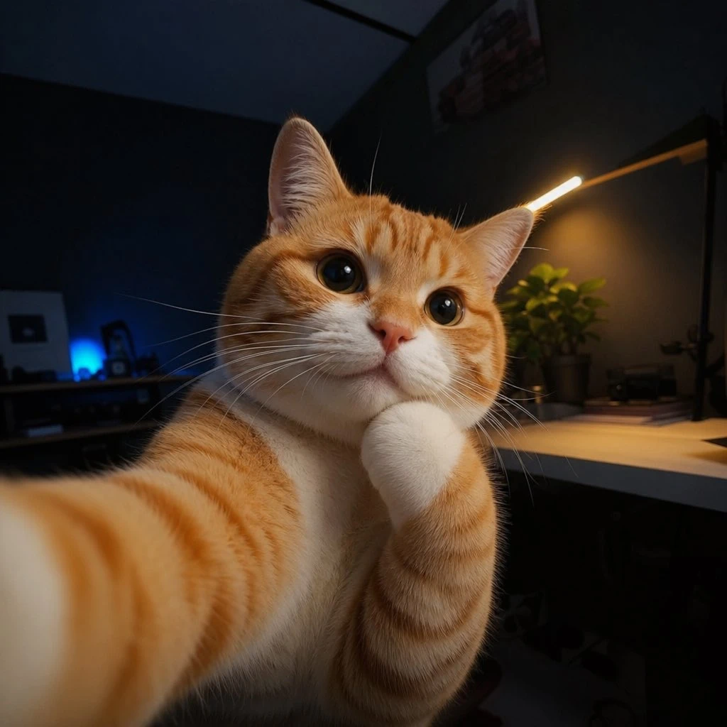 a cute orange and white cat, he looks like hes thinking. taking a selfie...