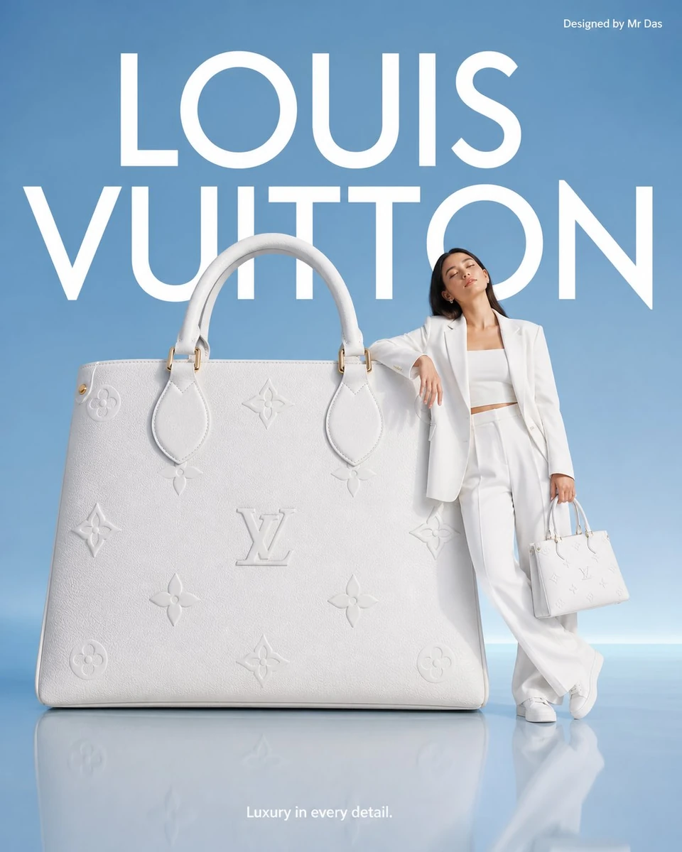 Minimalist commercial ad featuring oversized white Louis Vuitton handbag,...