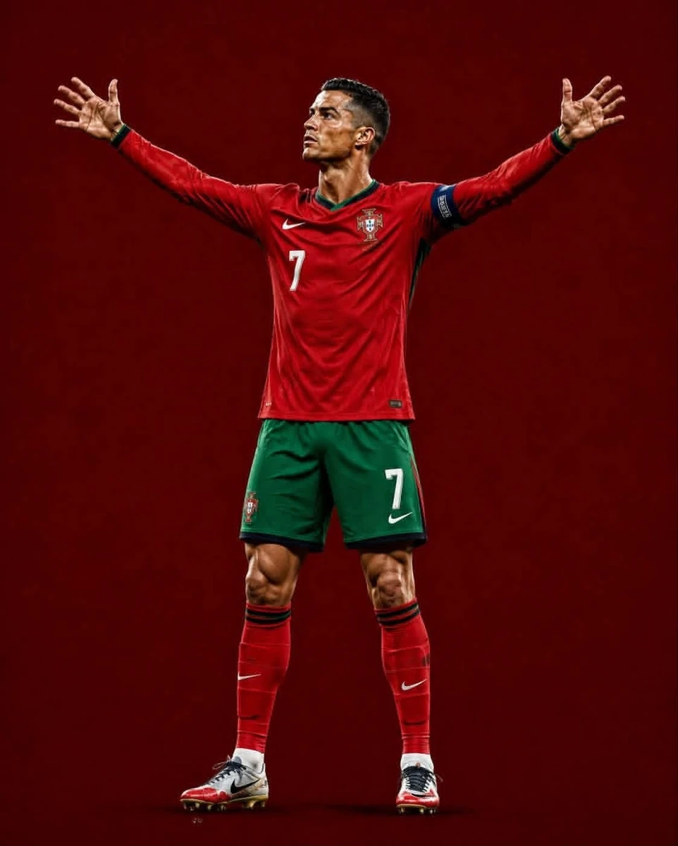 Ultra-cinematic photorealistic full-body studio sports portrait of a lege...