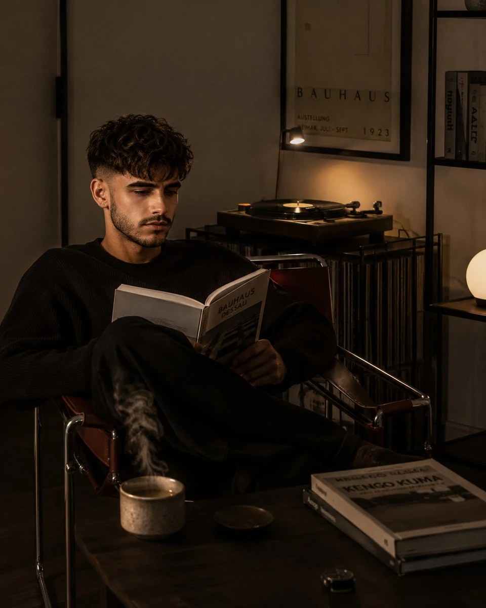 A quiet night study of a young man , dark brown toned room, warm indirect...