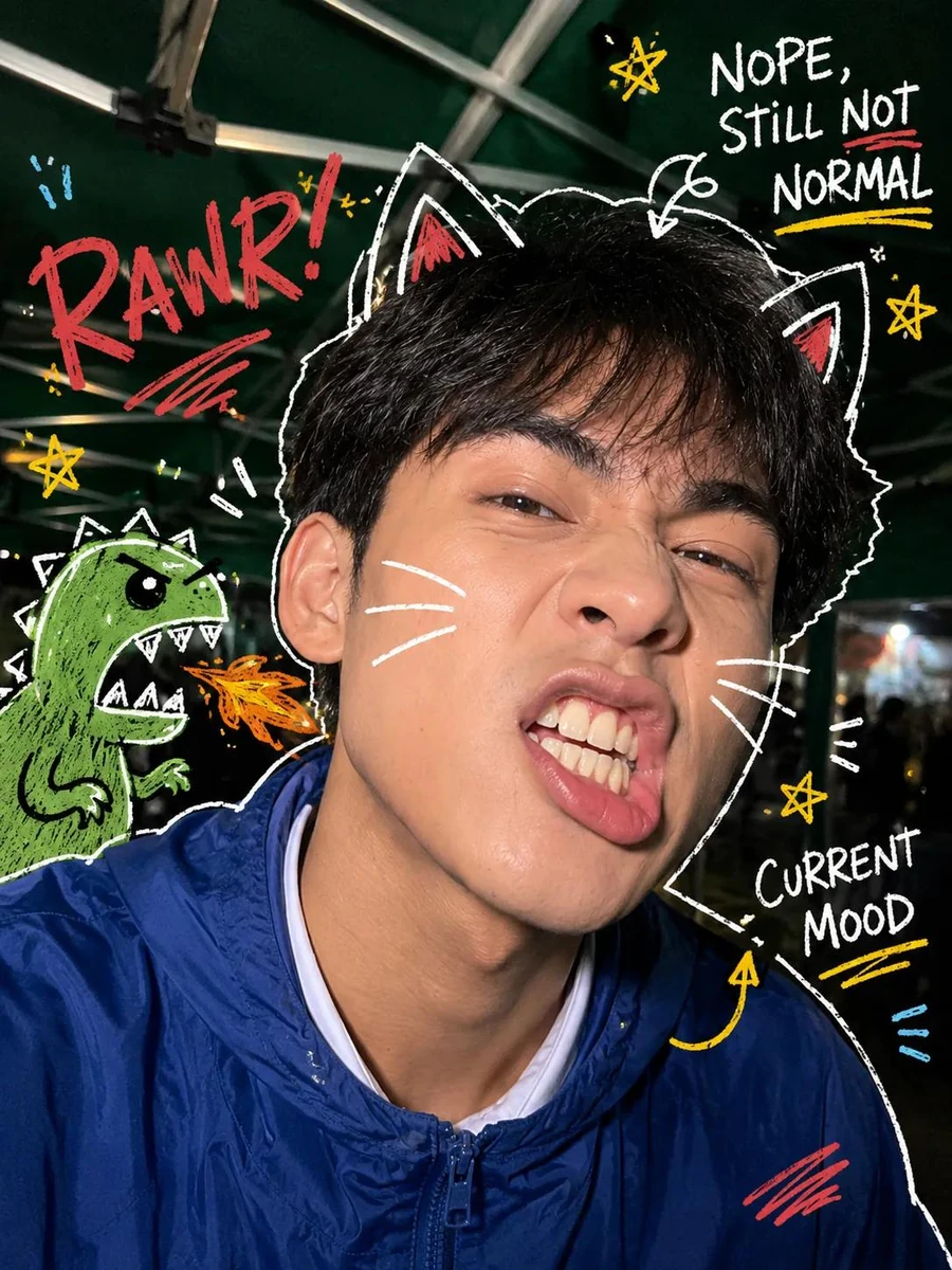 A playful, chaotic nighttime selfie captured with a wide-angle smartphone...