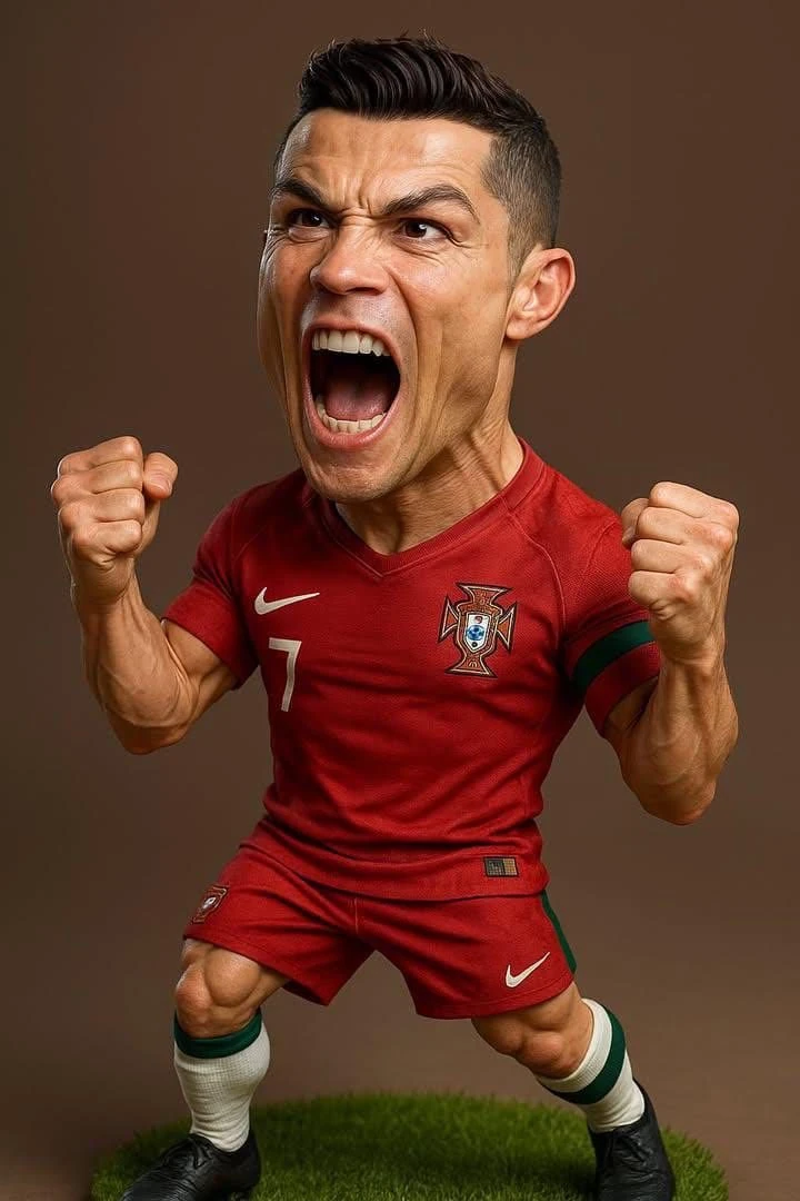 Ultra-realistic 3D caricature figurine of a legendary football player, bi...