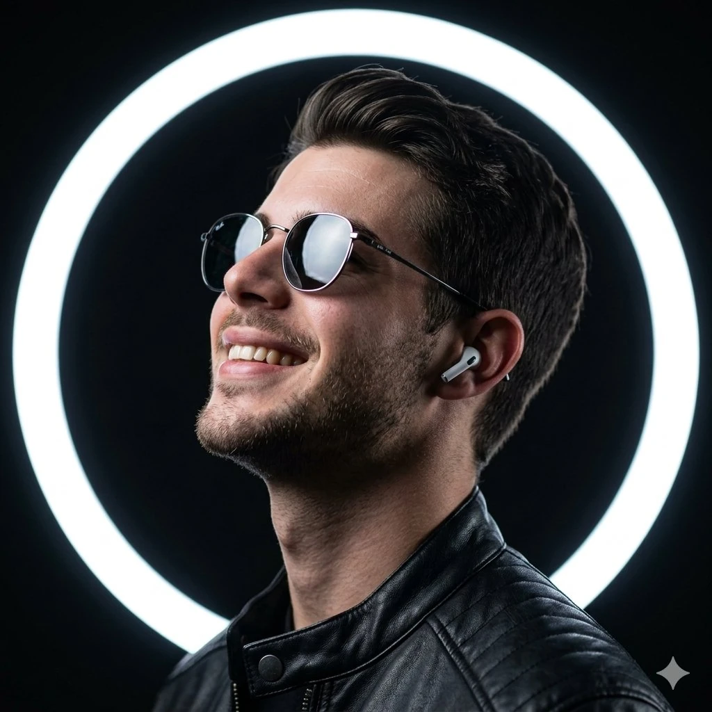 A stylish young man wearing round sunglasses and wireless earbuds, smilin...