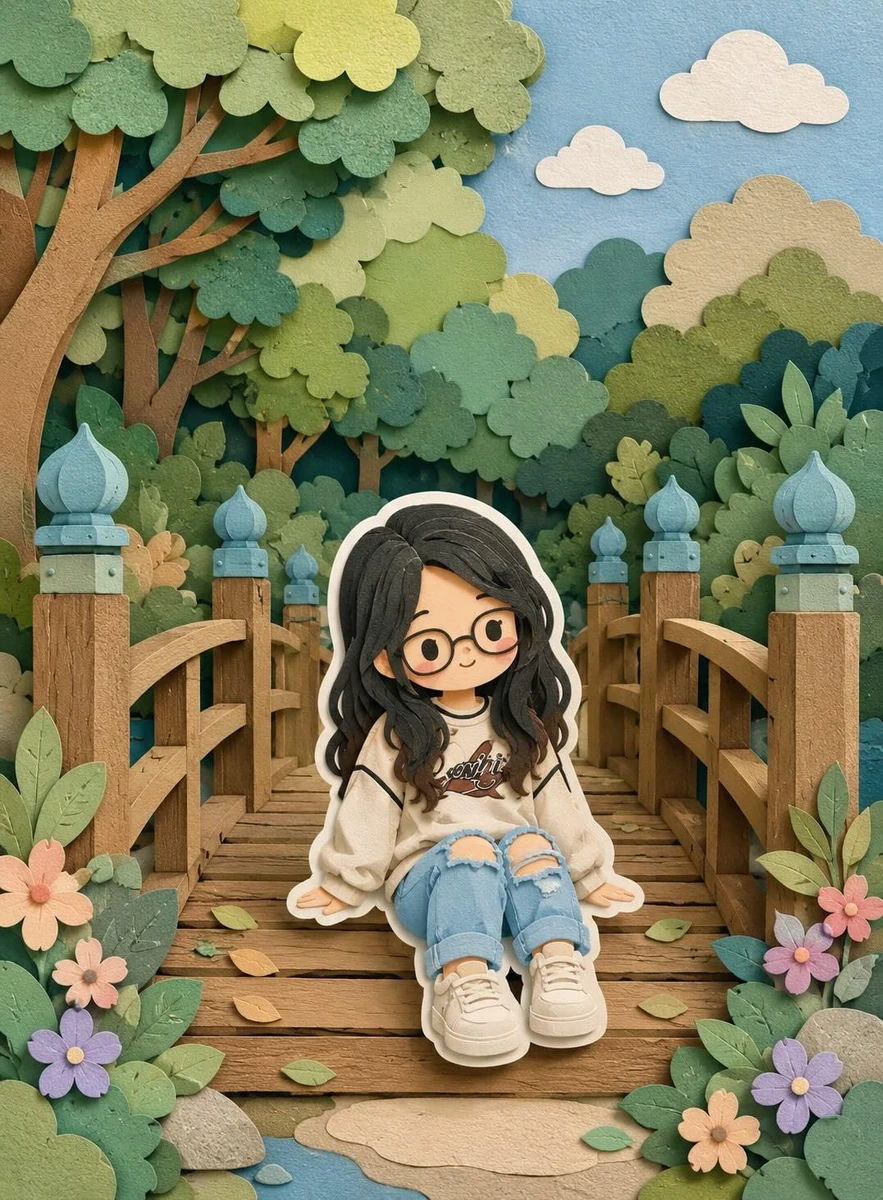 Cute layered paper-cut art style illustration of a chibi girl with big ex...