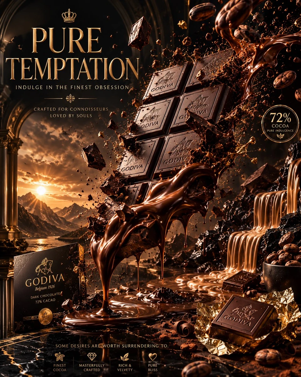 Luxury chocolate advertising masterpiece, an enormous artisan dark chocol...