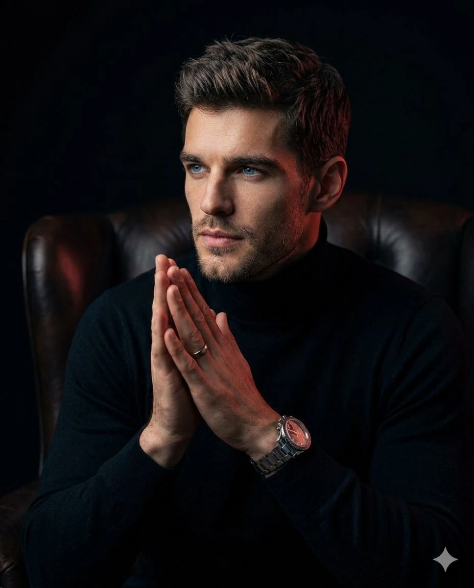 A hyper-realistic cinematic portrait of a man with short, textured hair a...
