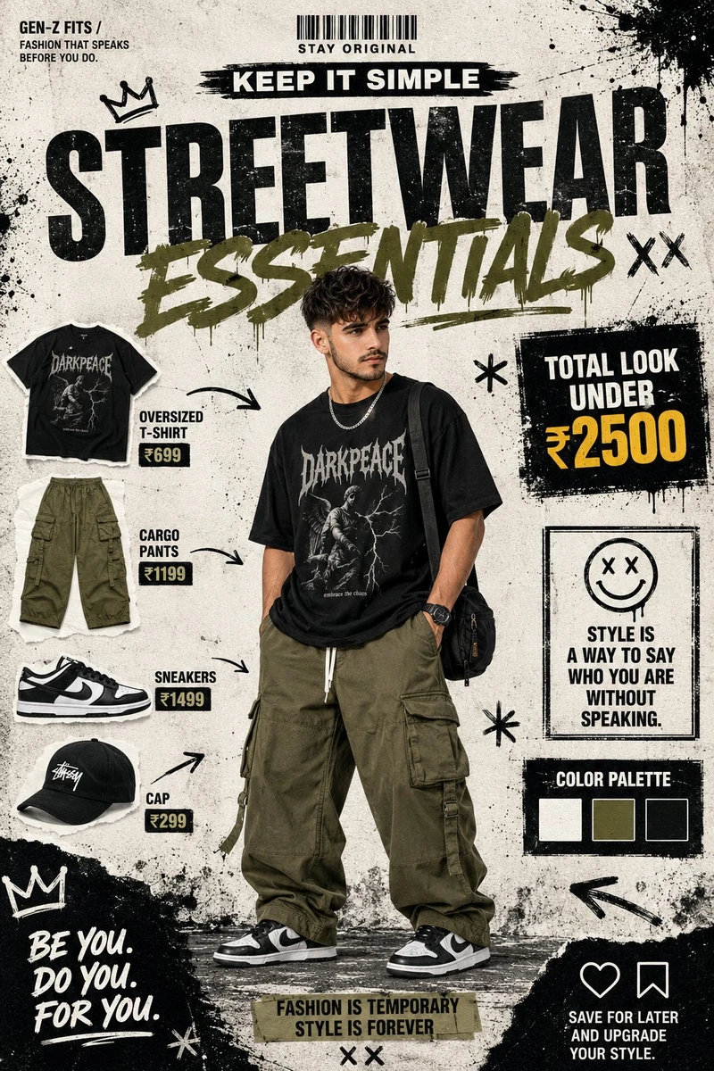 A Gen-Z streetwear fashion poster in a gritty, urban graphic design style...