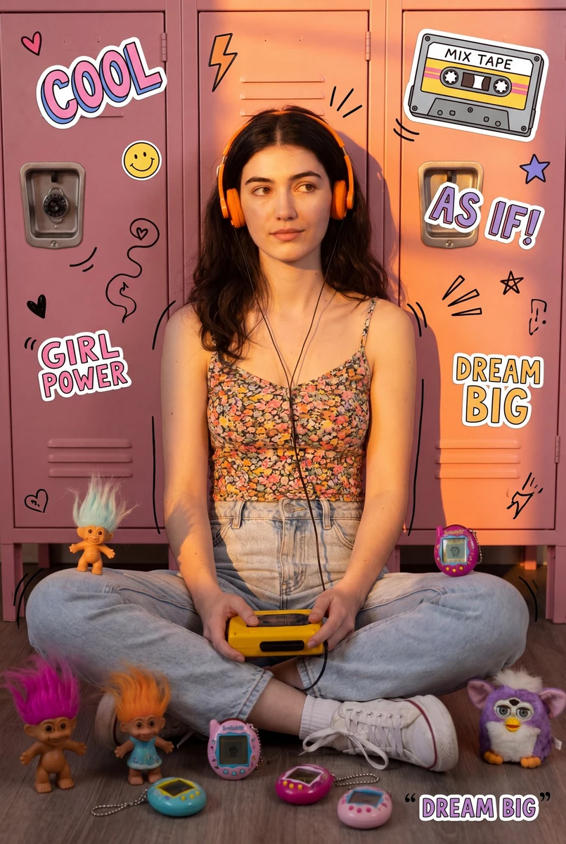 Retro 90s collage-style photography. The focal point is a woman wearing o...