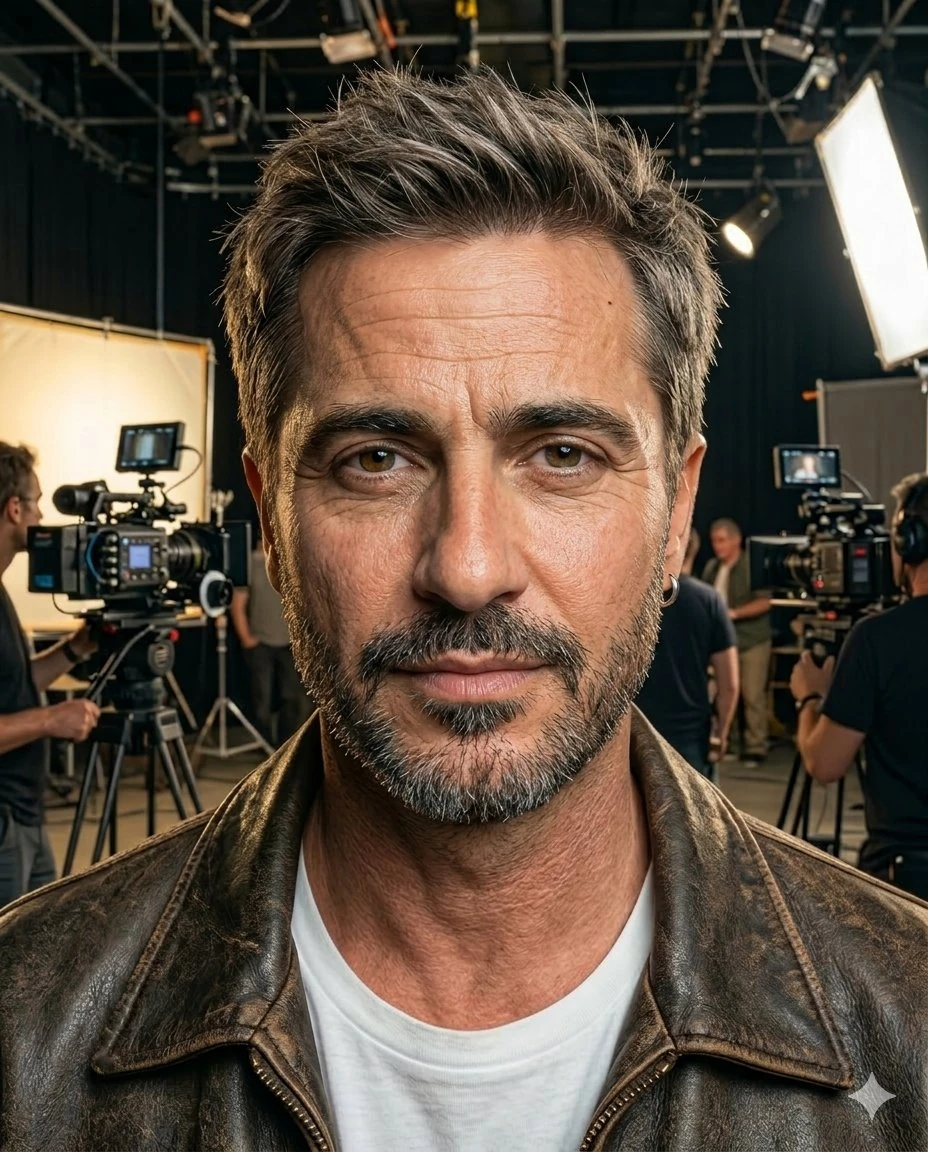 Hyper-realistic cyberpunk portrait of a rugged handsome man in his late 3...