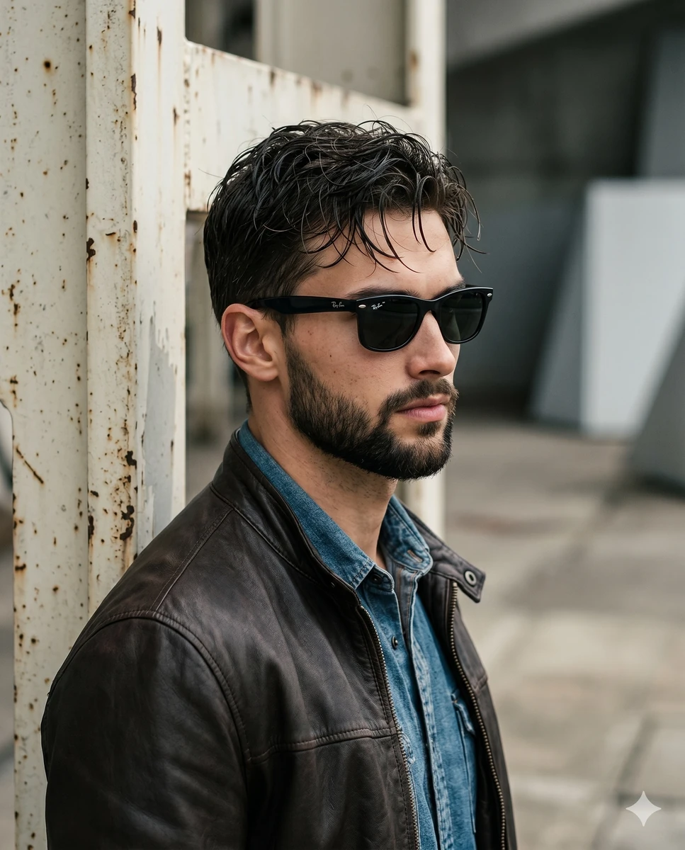A handsome man stands in profile, captured at a medium scale with relaxed...