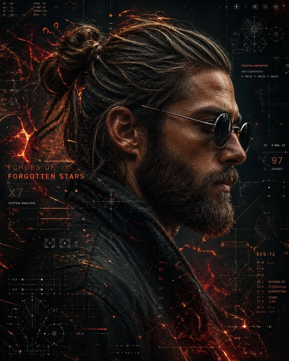A cinematic side-profile portrait of a rugged man with a tied-back bun an...