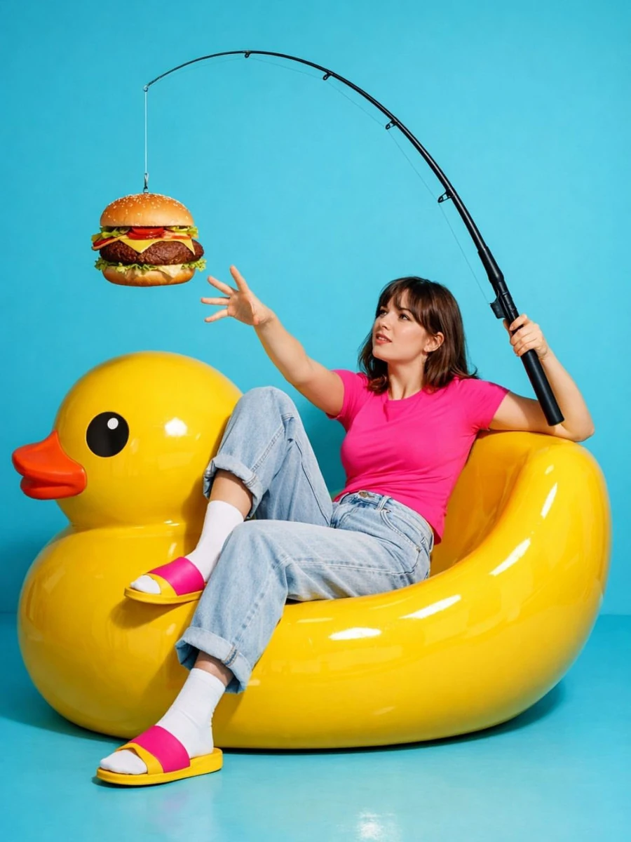A vibrant studio photoshoot of a young woman sitting casually on a large...