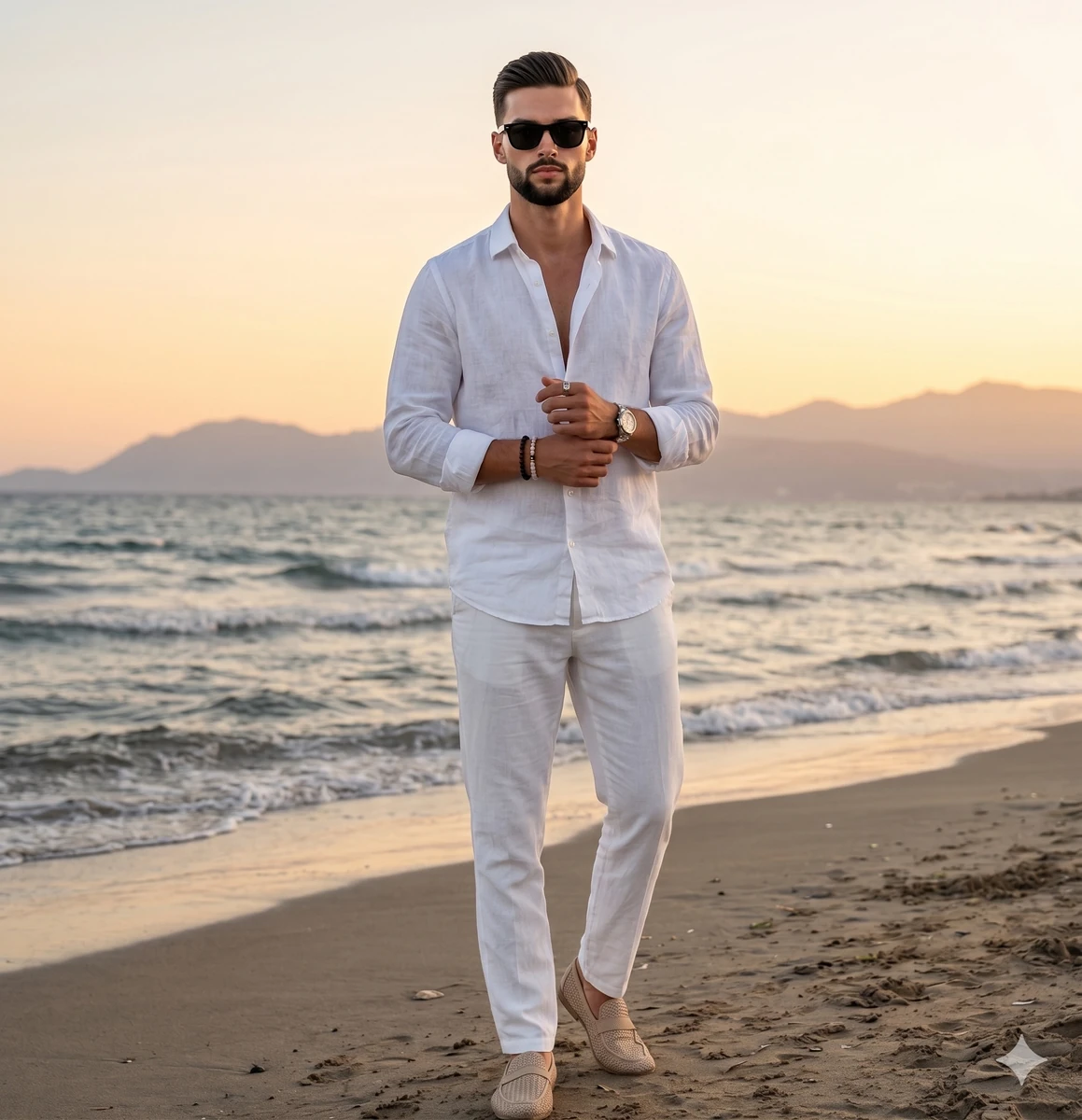 A smartly dressed adult male stands perfectly centered facing the camera,...