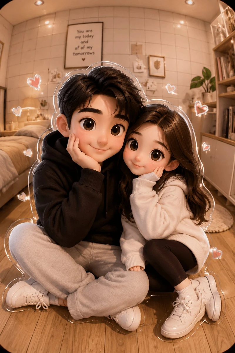 Make A cute 3D cartoon couple portrait in a cozy room. Both characters ha...