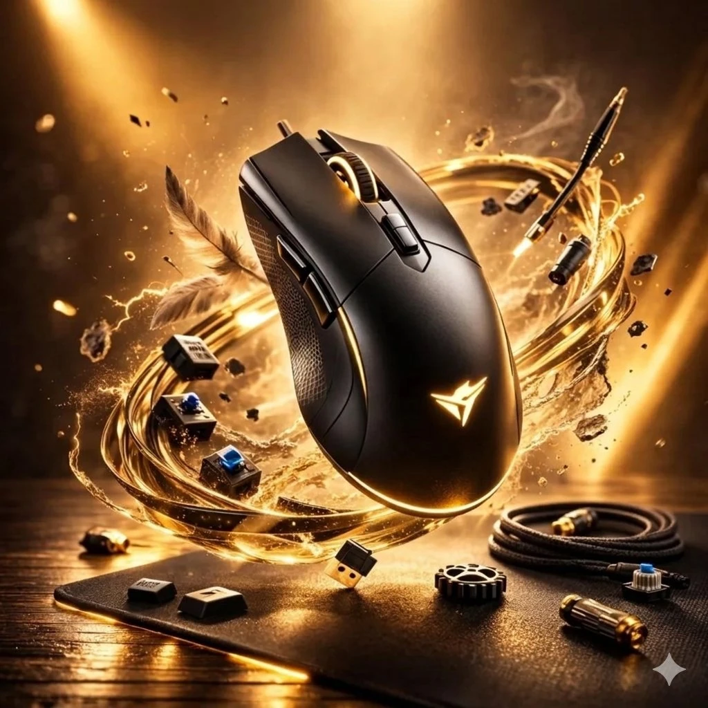 Ultra-realistic gaming mouse floating above a desk, surrounded by glowing...