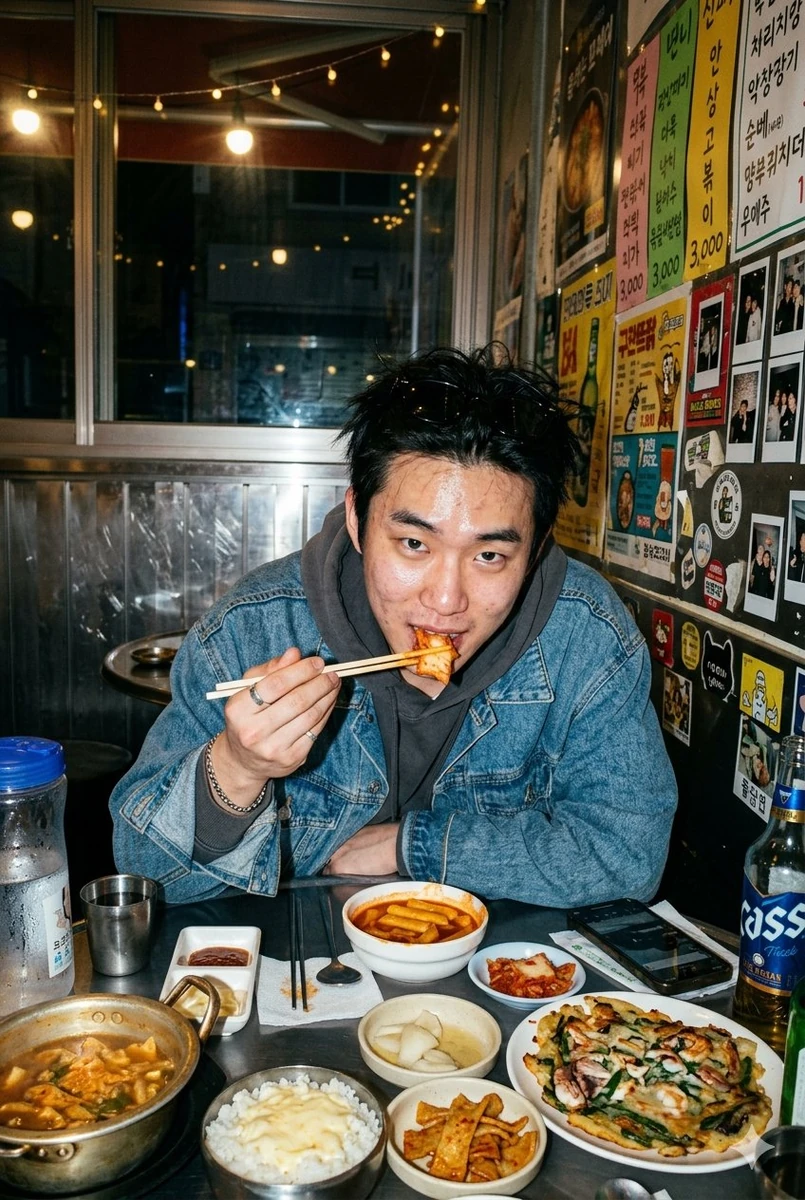 Ultra realistic candid snapshot of a young asian man sitting at a korean...