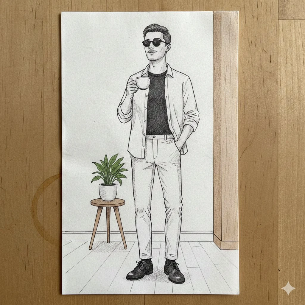 A clean, hand-drawn fashion illustration of a stylish man standing in a m...