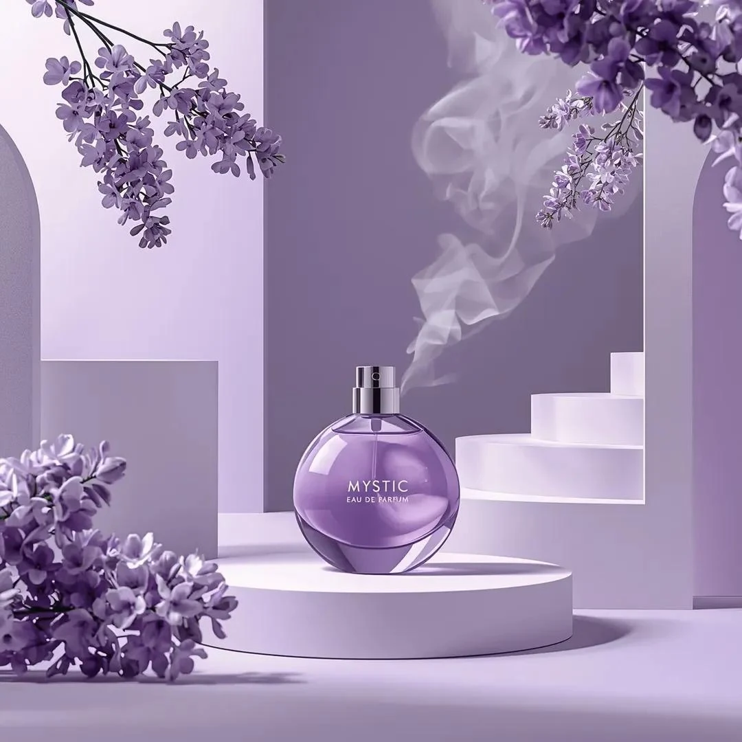 Ultra-realistic commercial product photography of a “Mystic Eau De Parfum...