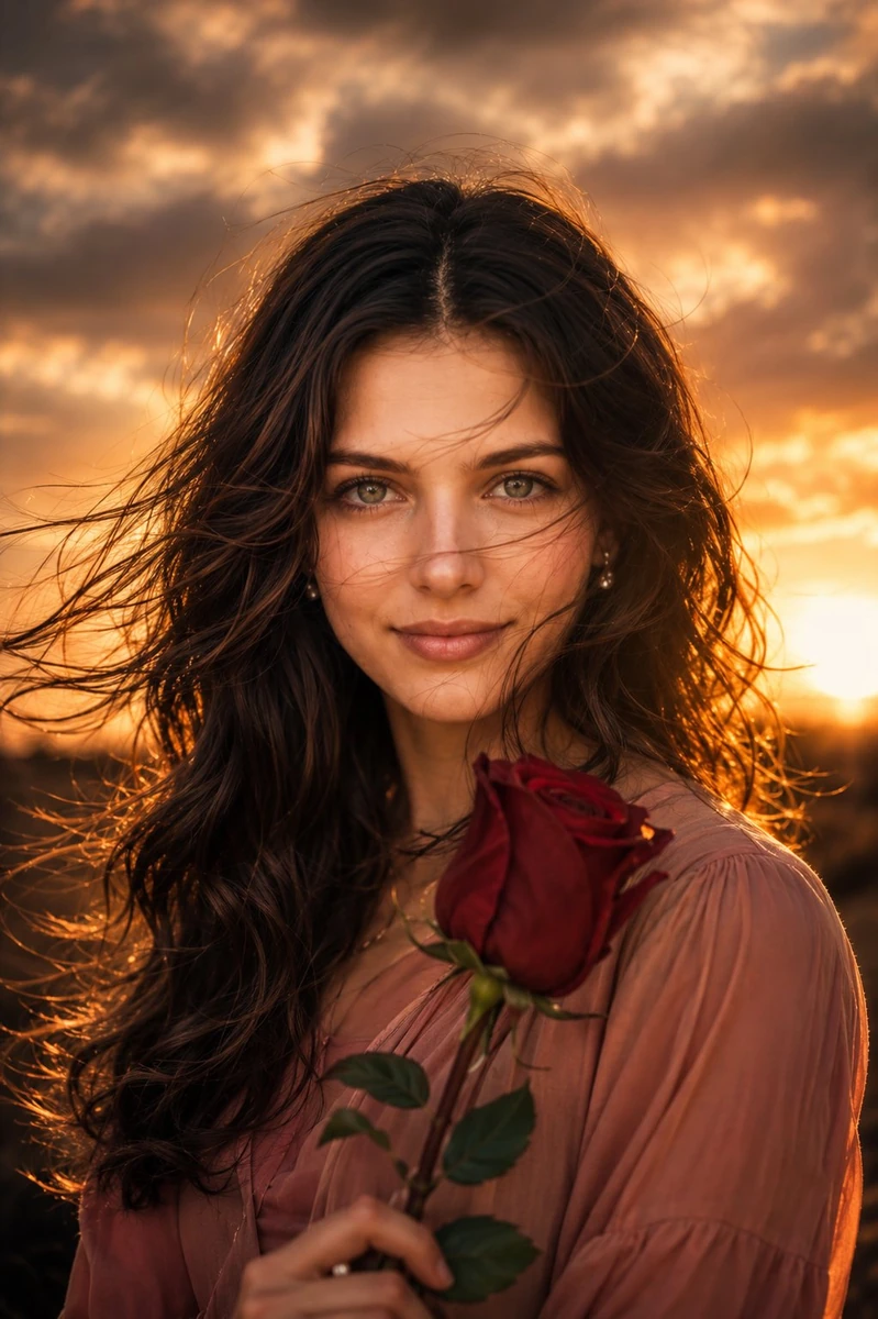 Ultra-realistic cinematic portrait of a young woman with long wavy brunet...