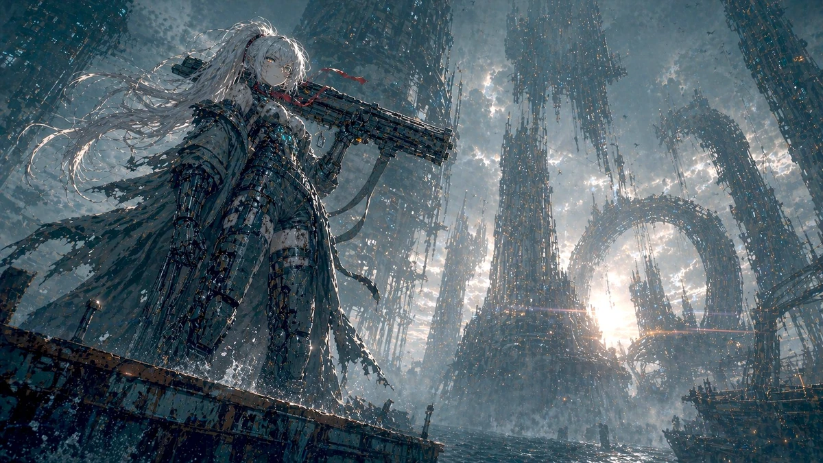 A mecha girl mid-teens, pale skin smudged with soot and salt spray, sharp...
