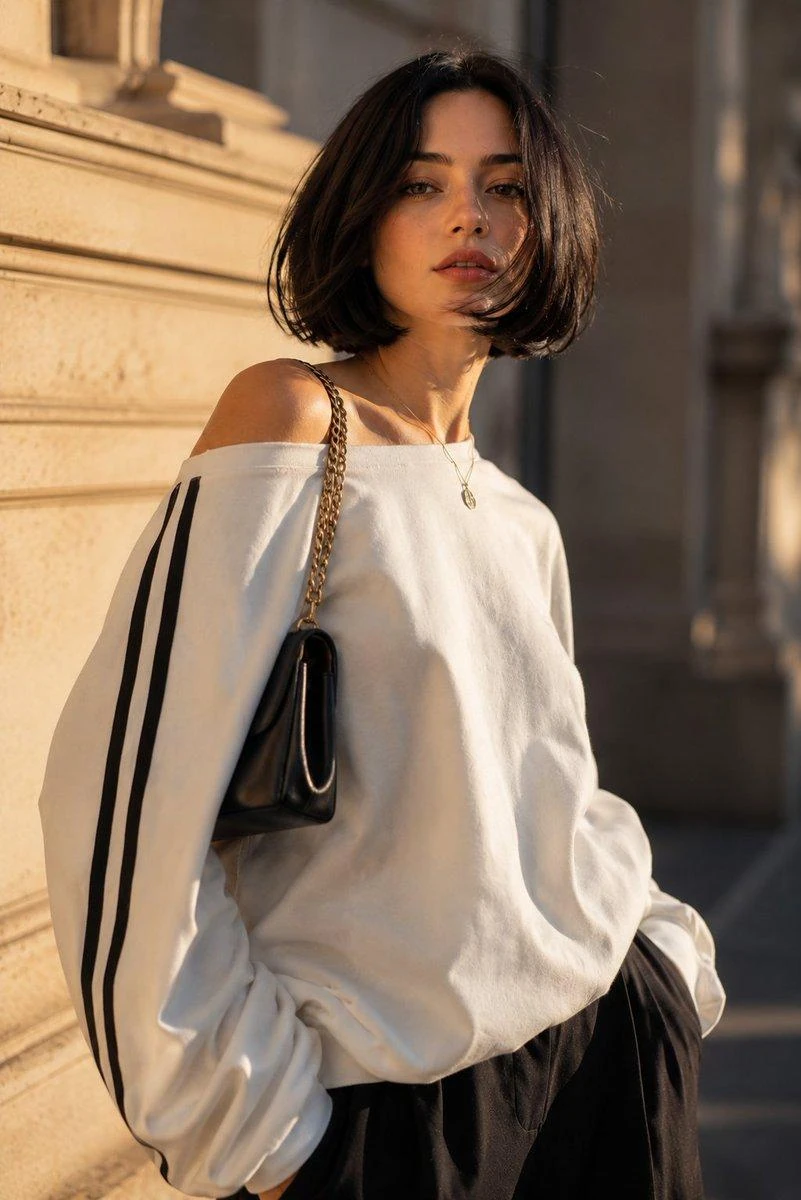A cinematic portrait of a young woman with a sleek black chin-length bob...