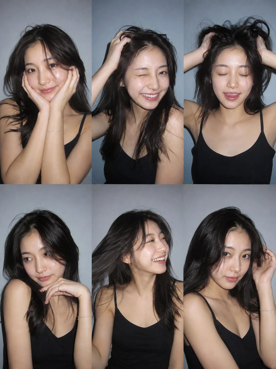 Ultra-realistic 6-photo collage (3×2 grid) of the same person using clien...
