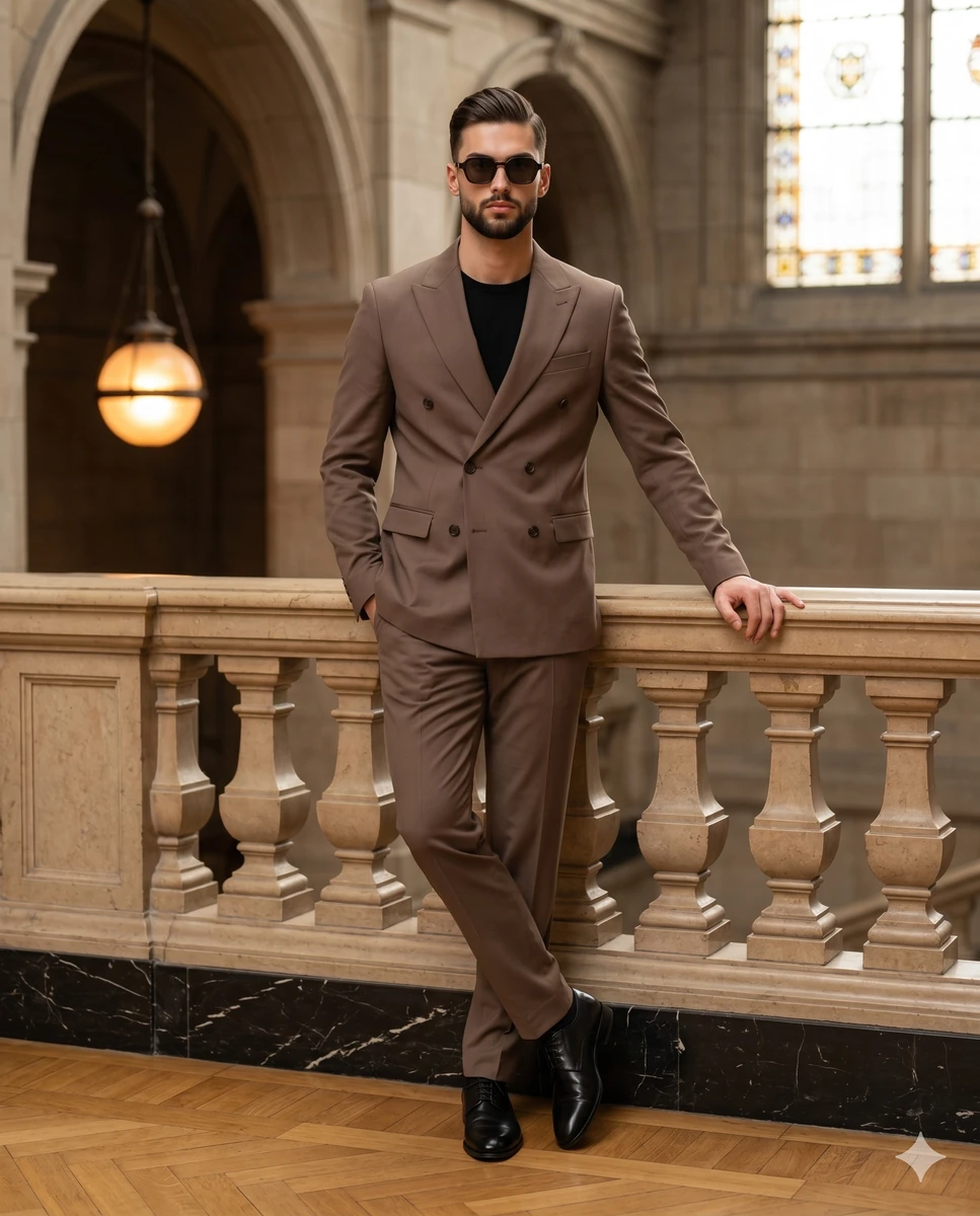A stylish, confident man stands center frame in a perfectly tailored moch...