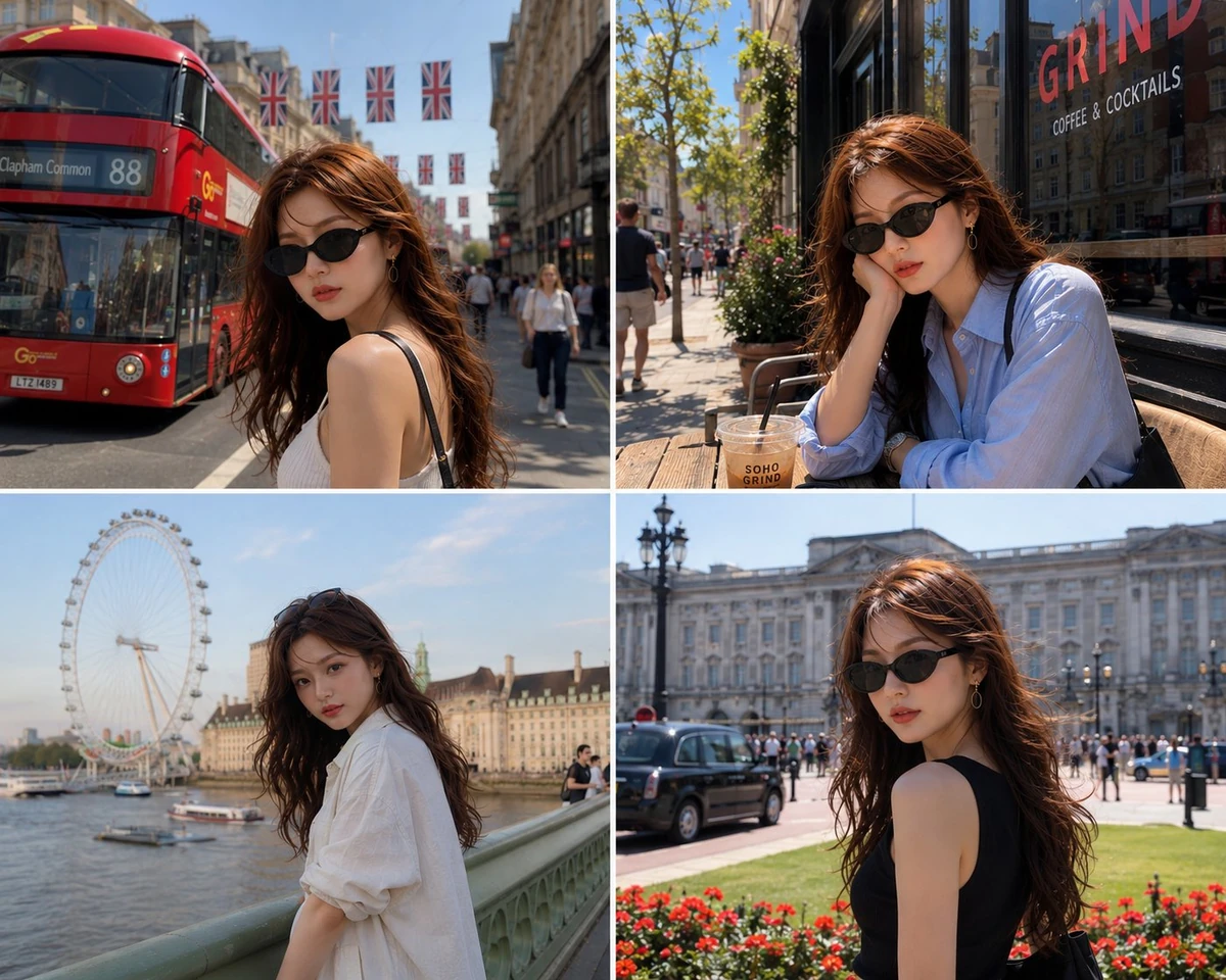 Ultra-realistic 4-photo travel collage of the same beautiful young woman...