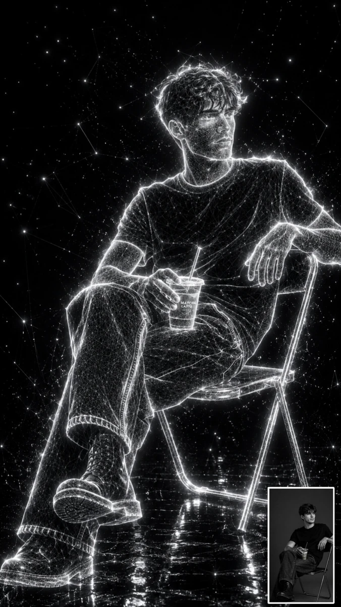 Transform the uploaded image into an ultra-premium holographic wireframe...