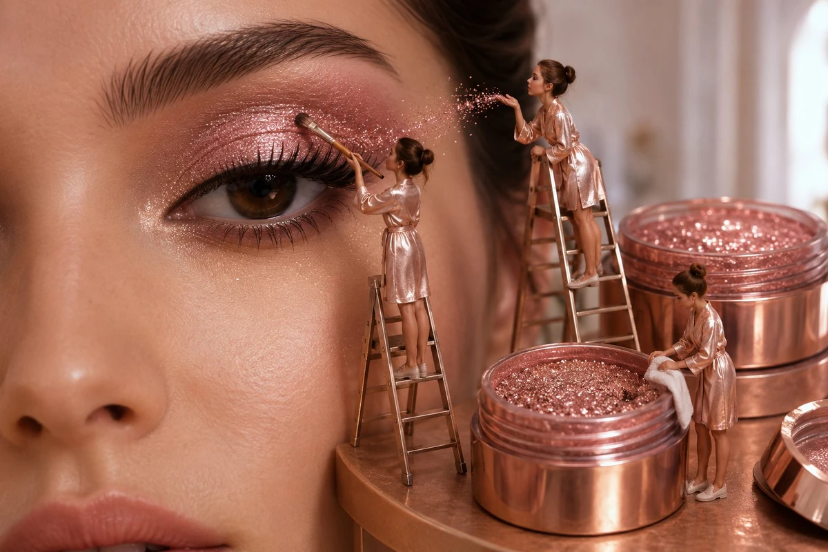 prompt": "A fantastic fairy-tale beauty world where tiny female makeup ar...