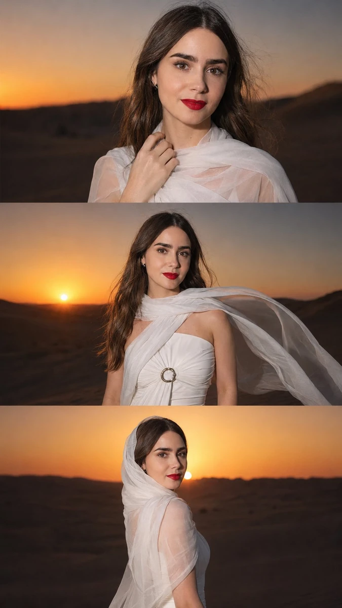 Vertical three-panel cinematic collage, stacked top to bottom, 9:16. Same...