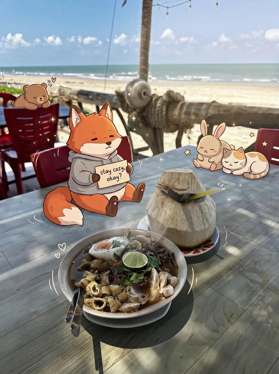 Aesthetic beachside café scene with a wooden table overlooking the ocean,...