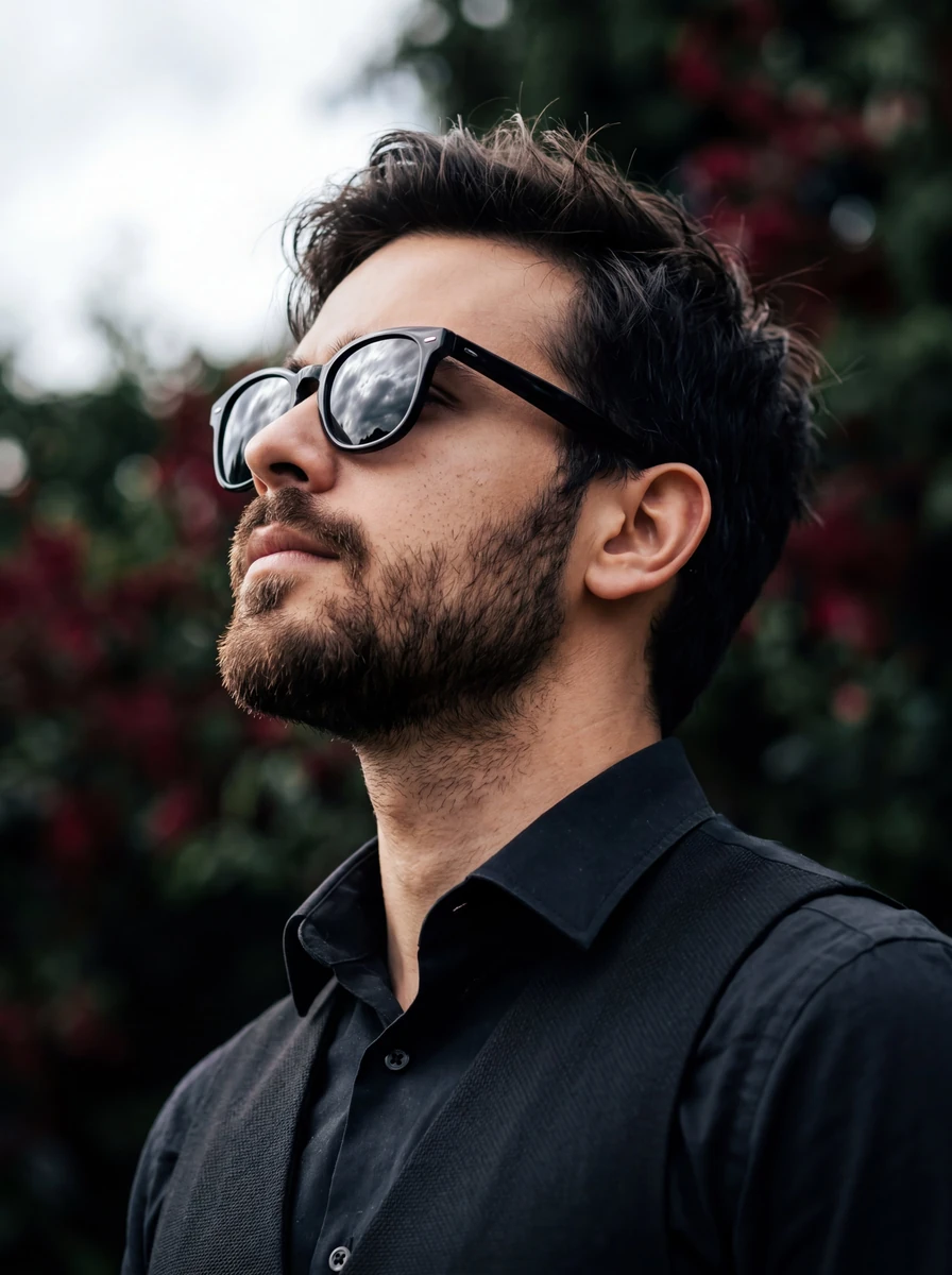 A sharp, low-angle side profile portrait of a handsome man with a thick,...