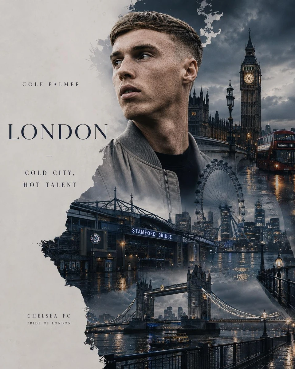 Ultra-premium cinematic double exposure portrait poster, handsome footbal...