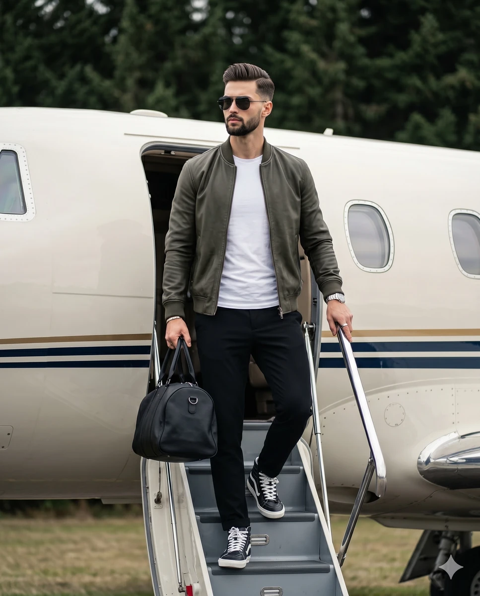 A stylish, confident adult male stands centered in full view, his weight...