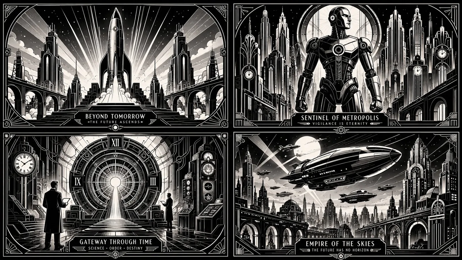 2x2 grid, 16:9, do this for 4 famous scifi movies: input: $ subject // ex...