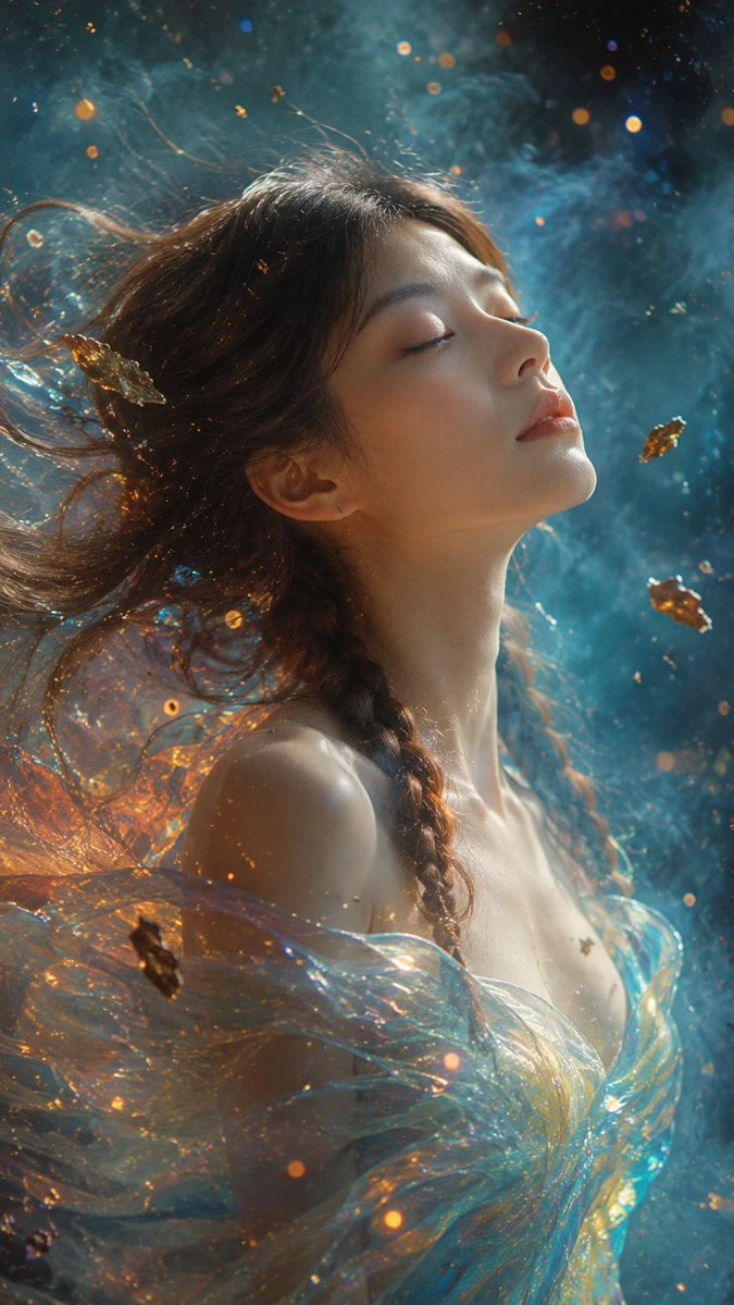 A surreal fine-art portrait with a cinematic underwater-dream atmosphere