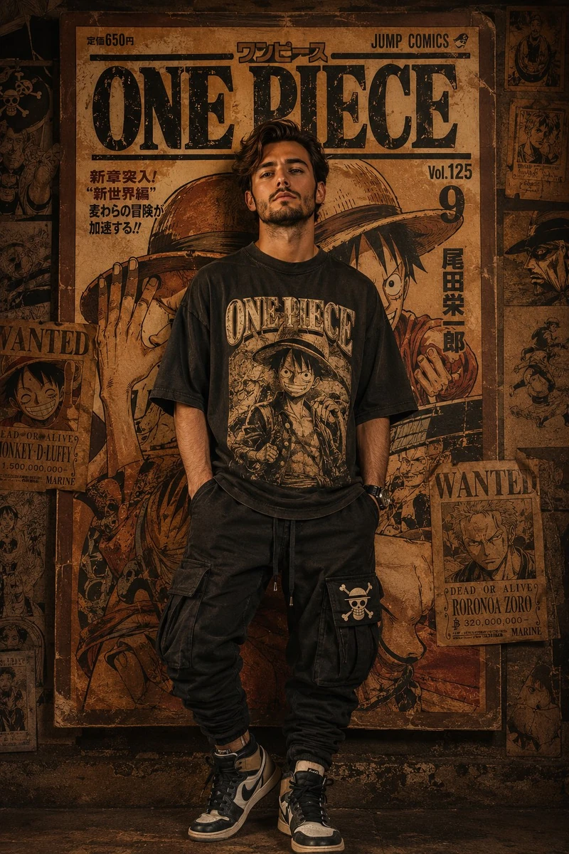A stylish young man standing confidently in front of a giant vintage anim...