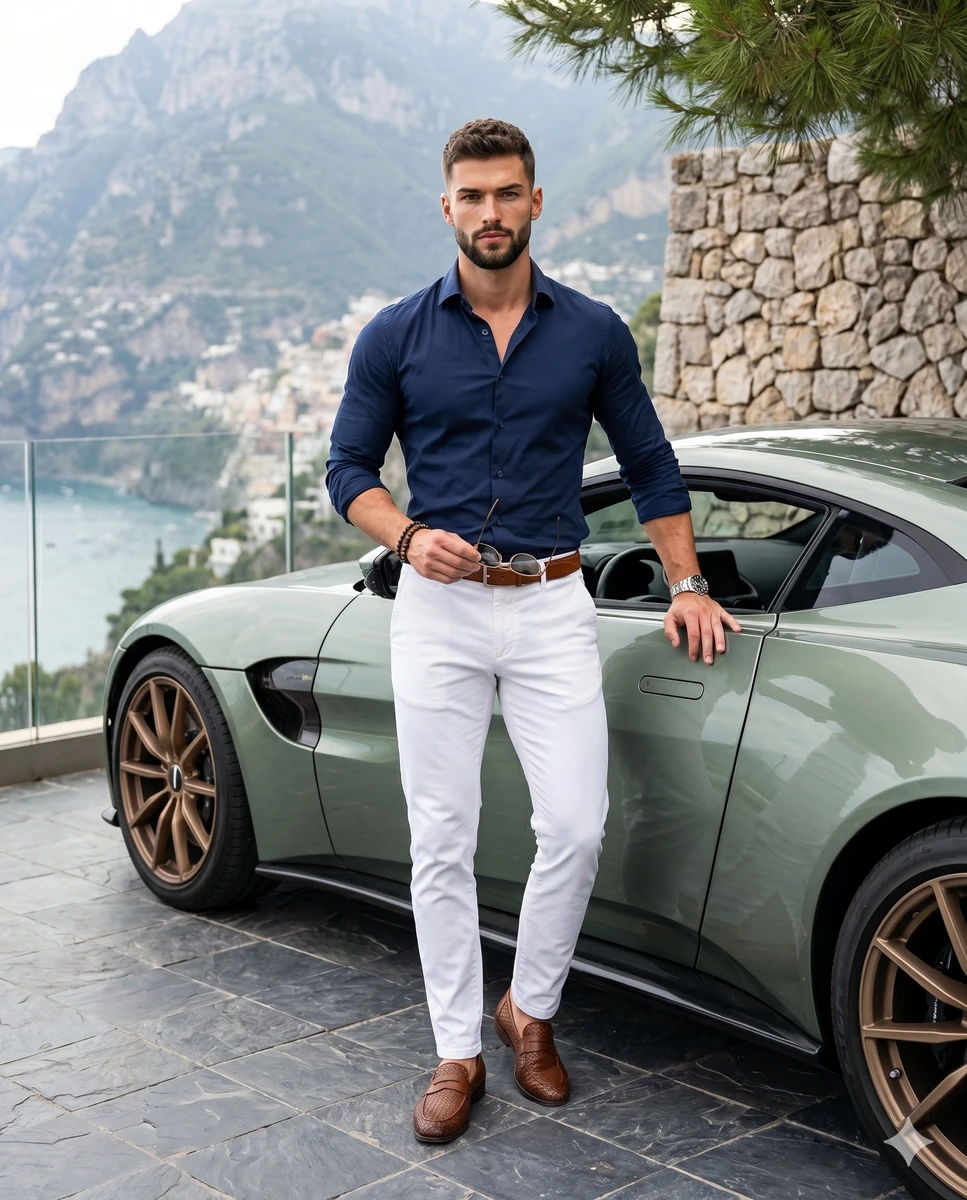 A muscular male with short textured hair and a groomed beard stands fully...