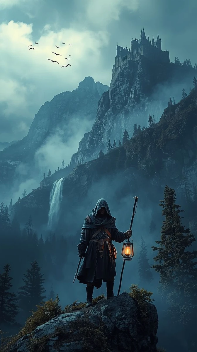 An epic fantasy landscape digital illustration featuring a solitary hoode...