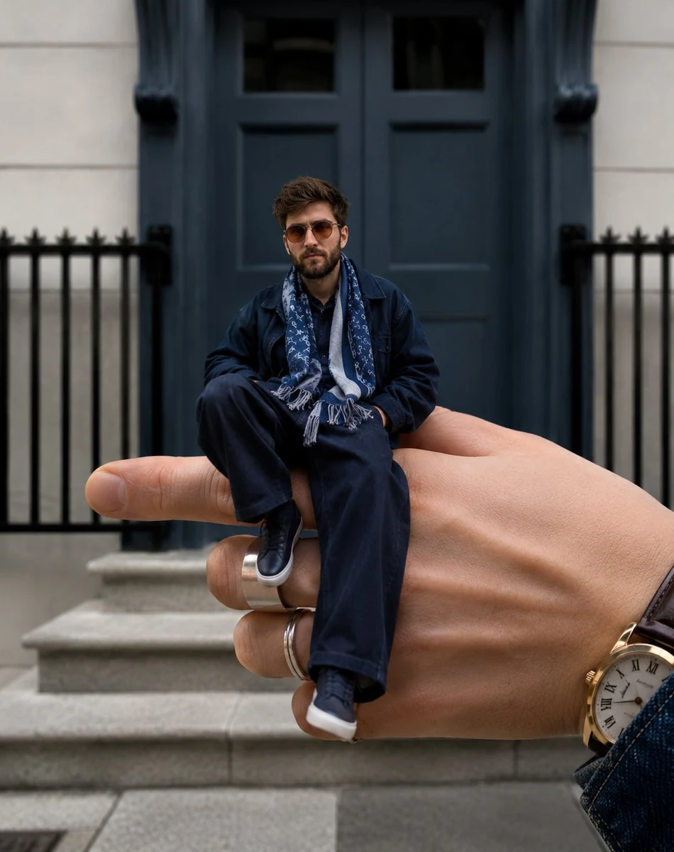 Ultra-realistic forced perspective portrait of [YOUR FACE REFERENCE] tran...