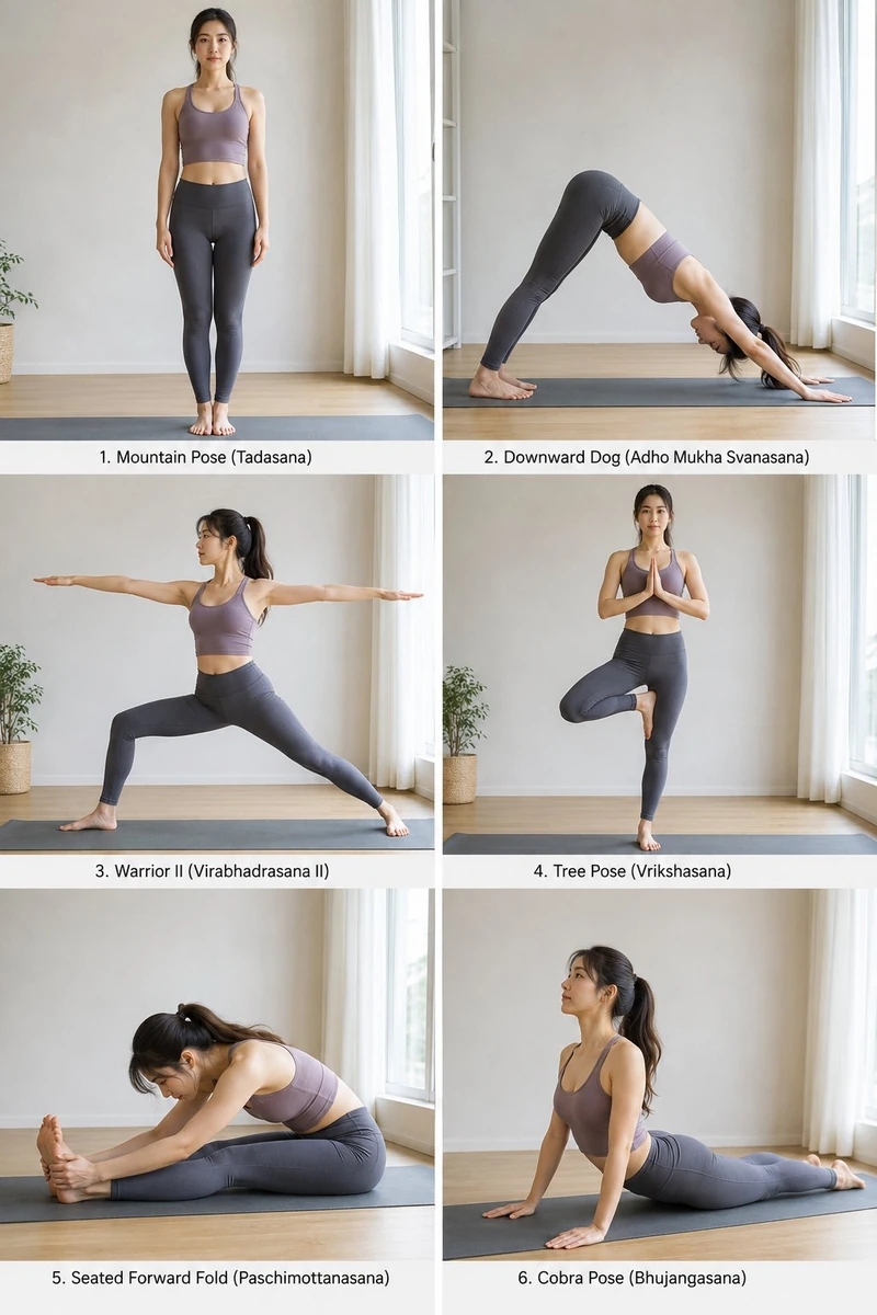 objective": "Generate a realistic 3:4 image showing six different yoga po...