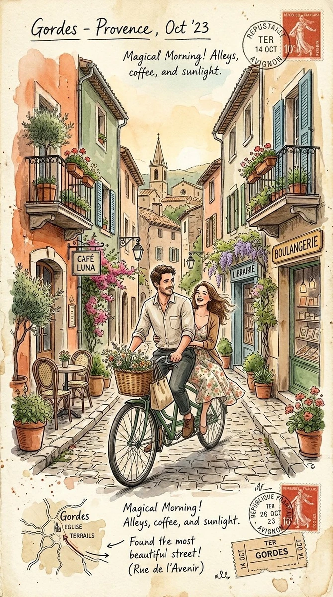 A dreamy vintage watercolor travel-journal illustration of a romantic old...