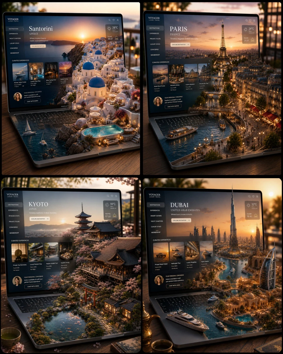 Ultra-premium travel platform visualized as a miniature world emerging se...