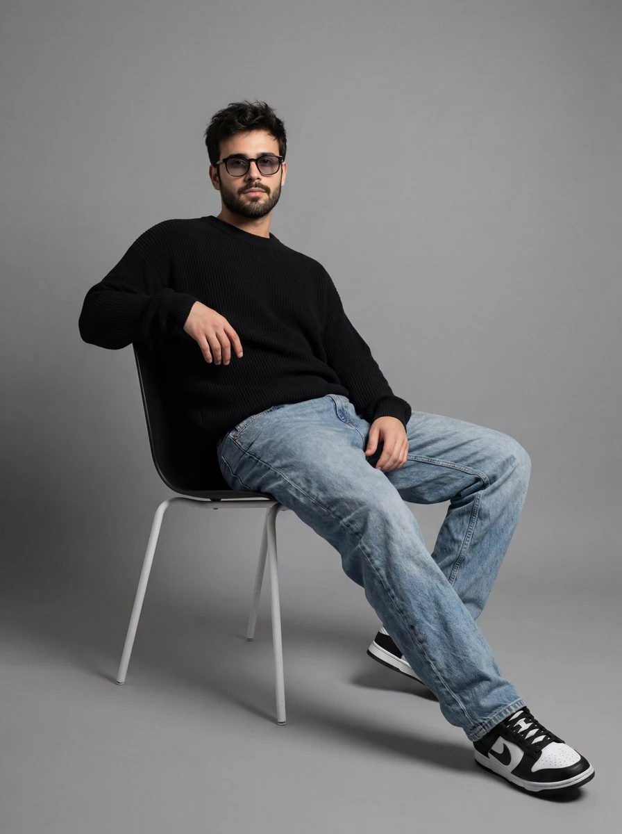 A full-length studio portrait of a young man with dark, messy hair, sitti...