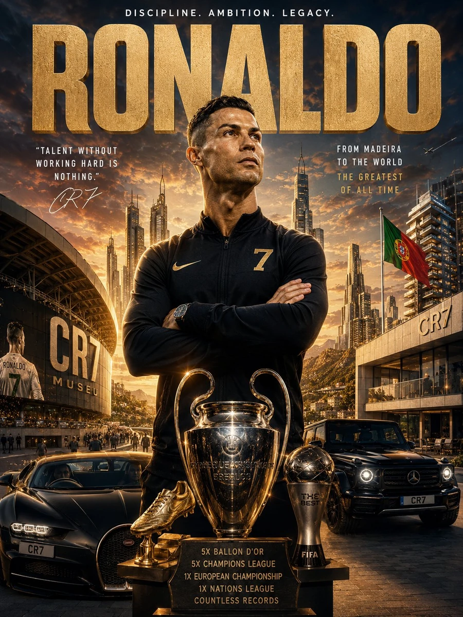 Ultra-detailed cinematic poster of Cristiano Ronaldo standing confidently...