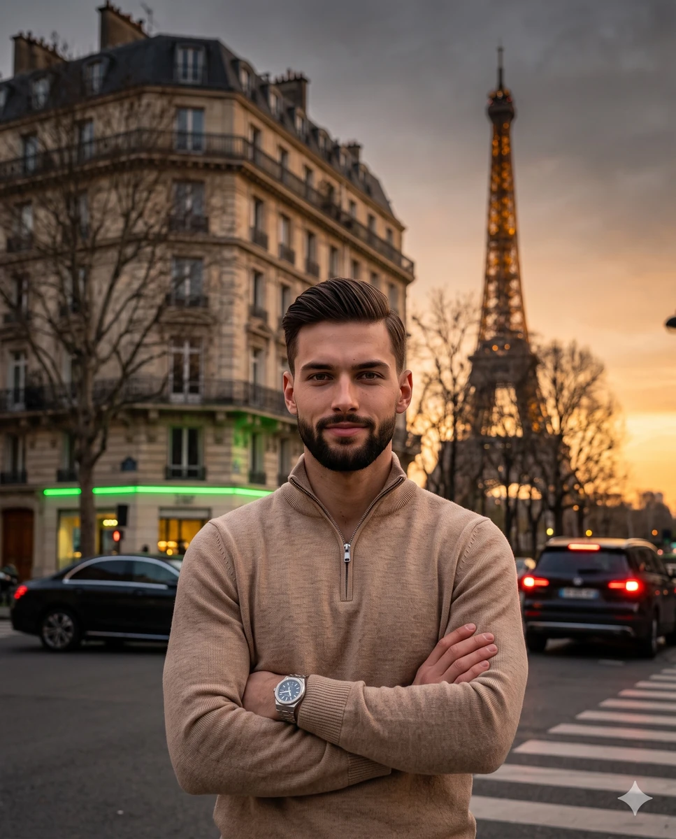 A young male adult stands centered, facing the camera straight on with le...